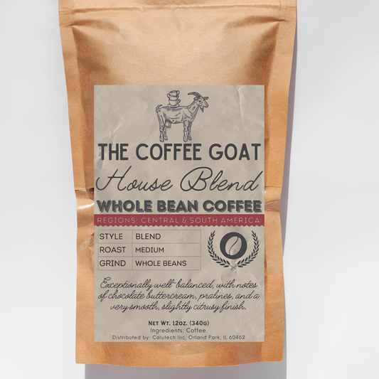 A 12oz brown kraft bag of The Coffee Goat's "House Blend"  Specialty Medium Roast Whole Bean Coffee