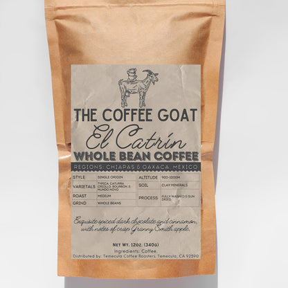 A 12oz brown kraft paper bag of El Catrin whole bean coffee, a single origin coffee from Mexico, by the Coffee Goat