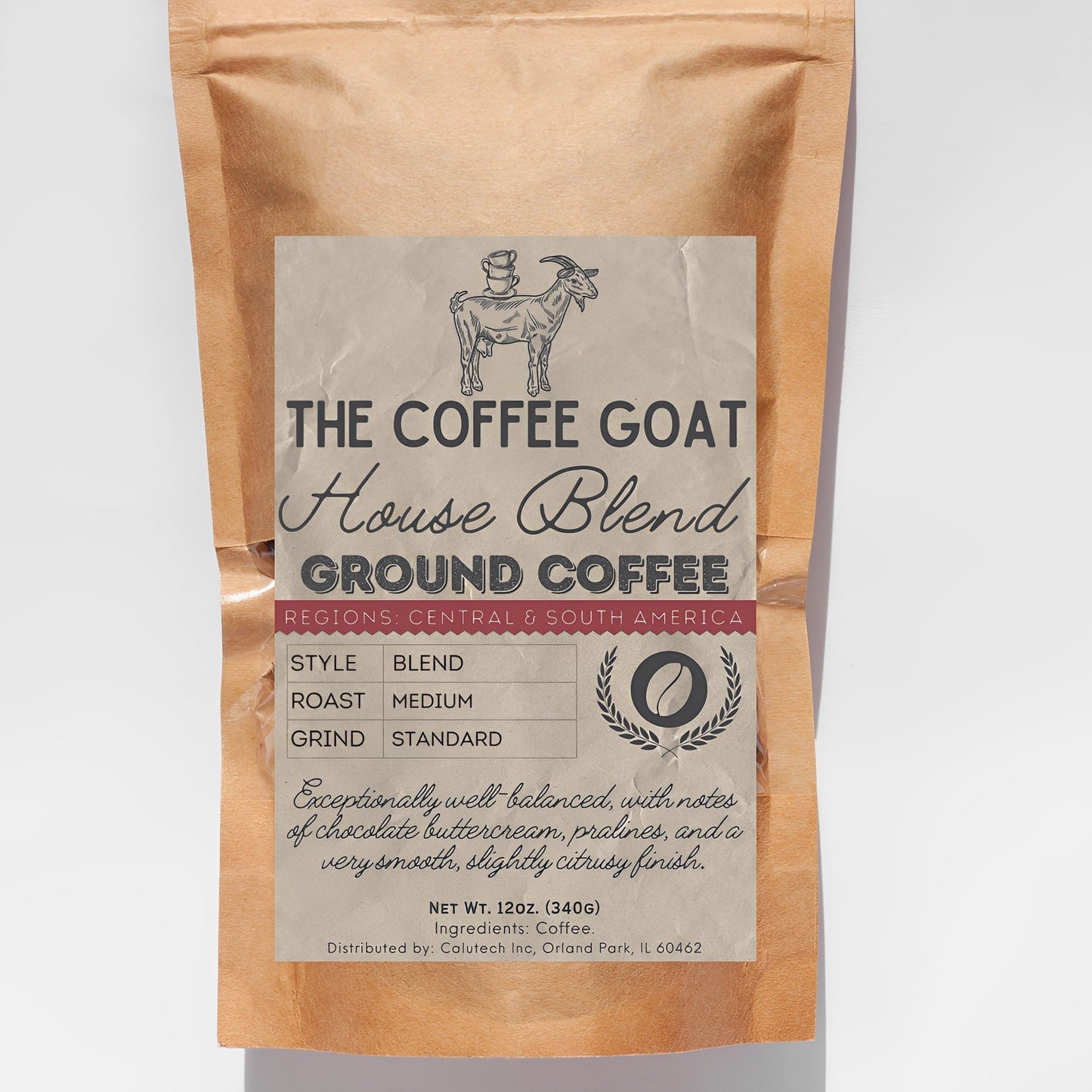 A 12oz brown kraft bag of The Coffee Goat's "House Blend"  Specialty Medium Roast Ground Coffee