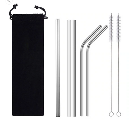 Silver Metallic 5 pack Straw Set with black bag