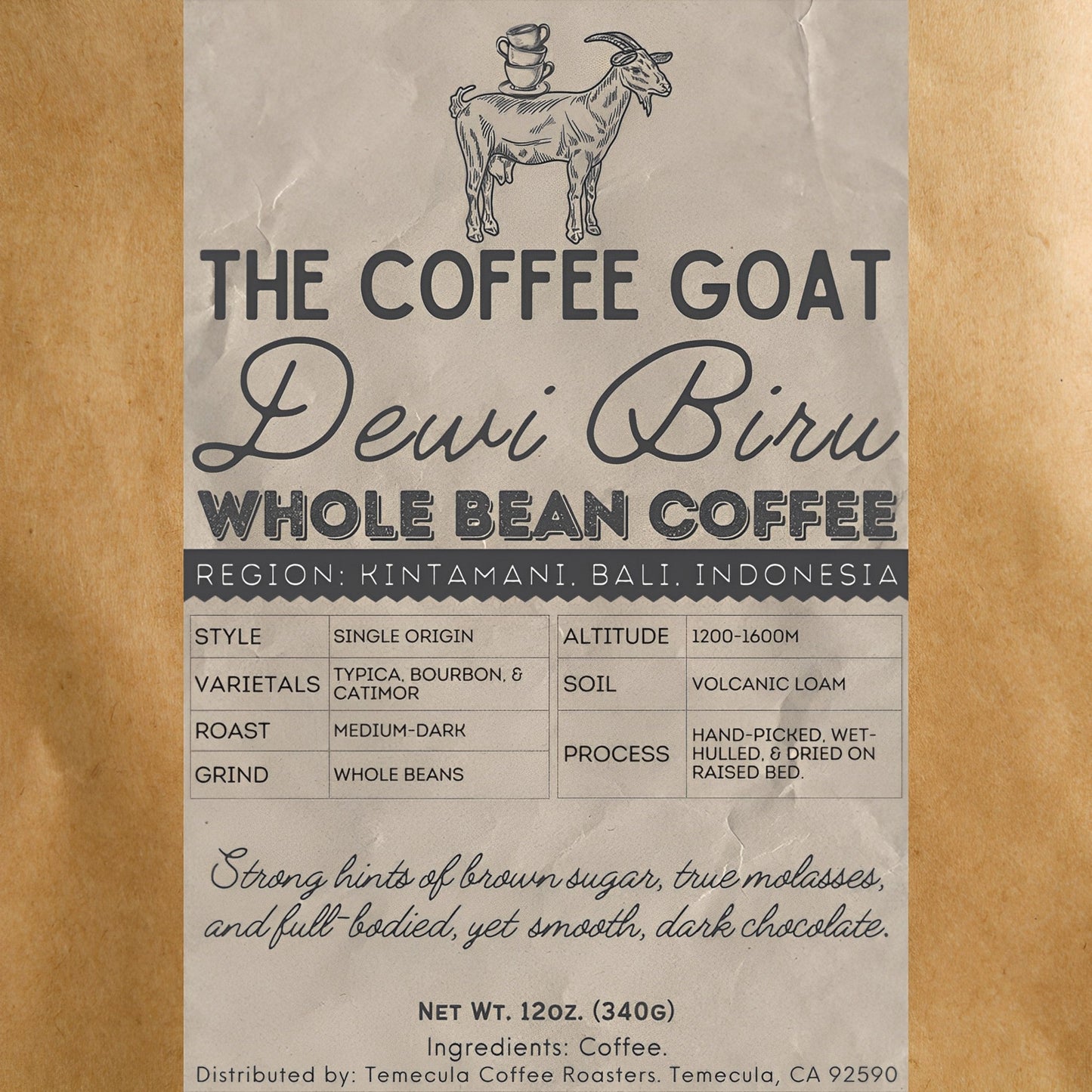 A label on the brown kraft paper bag of Dewi Biru, a single origin whole bean coffee from Bali, by The Coffee Goat