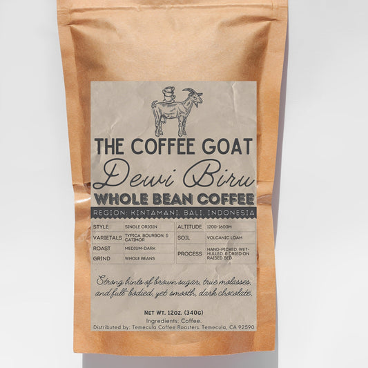 A 12oz brown kraft paper bag of Dewi Biru, a single origin whole bean coffee from Bali, by The Coffee Goat