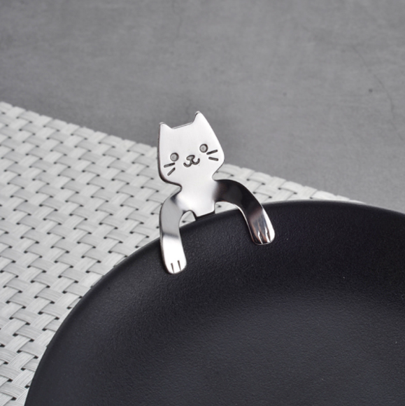 Hanging Cat Spoon in Silver, on black plate