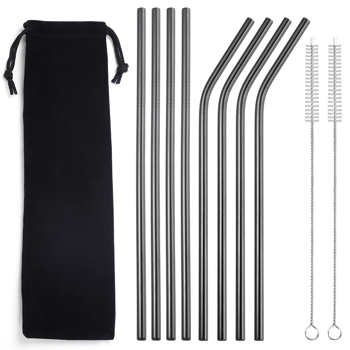 Black Metallic Straw Set with Black Bag