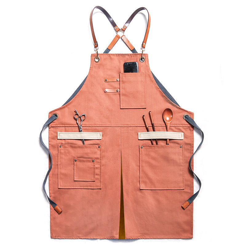 Denim Cross-Back Apron in Salmon color.