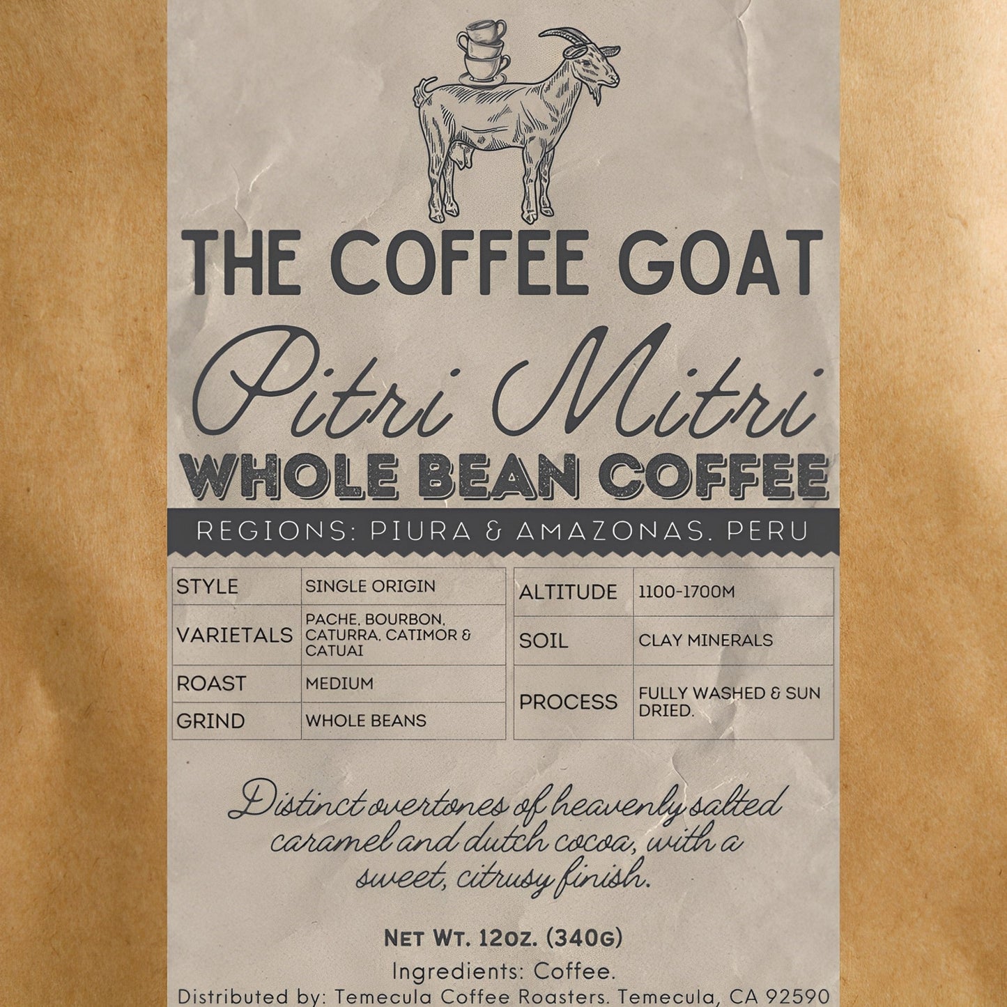 The label of "Pitri Mitri", a Single Origin Whole Bean Coffee From Peru | The Coffee Goat