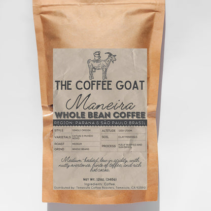 A 12oz brown bag of "Maneira",  Single Origin Specialty Coffee From Brasil