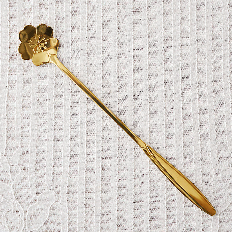 Golden Stainless Steel Coffee Flower-shaped Spoon (Sakura Long Handle)