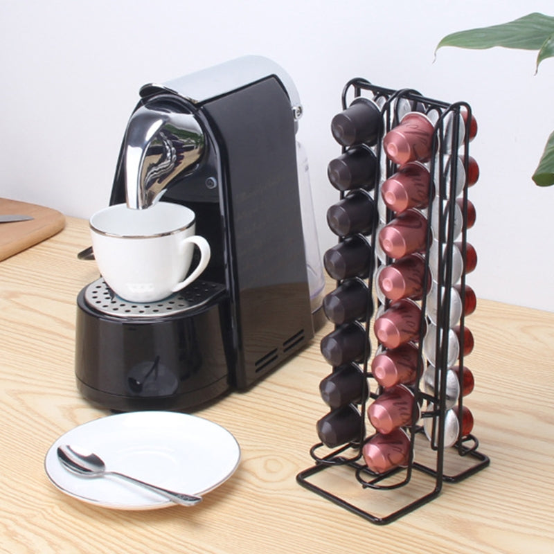 Coffee Maker on the left and Iron Capsule Coffee Storage Rack 