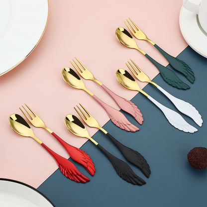 Stainless Steel Spoons and Forks with Wing Handles in Red, Black, Pink, White, and Dark Green.