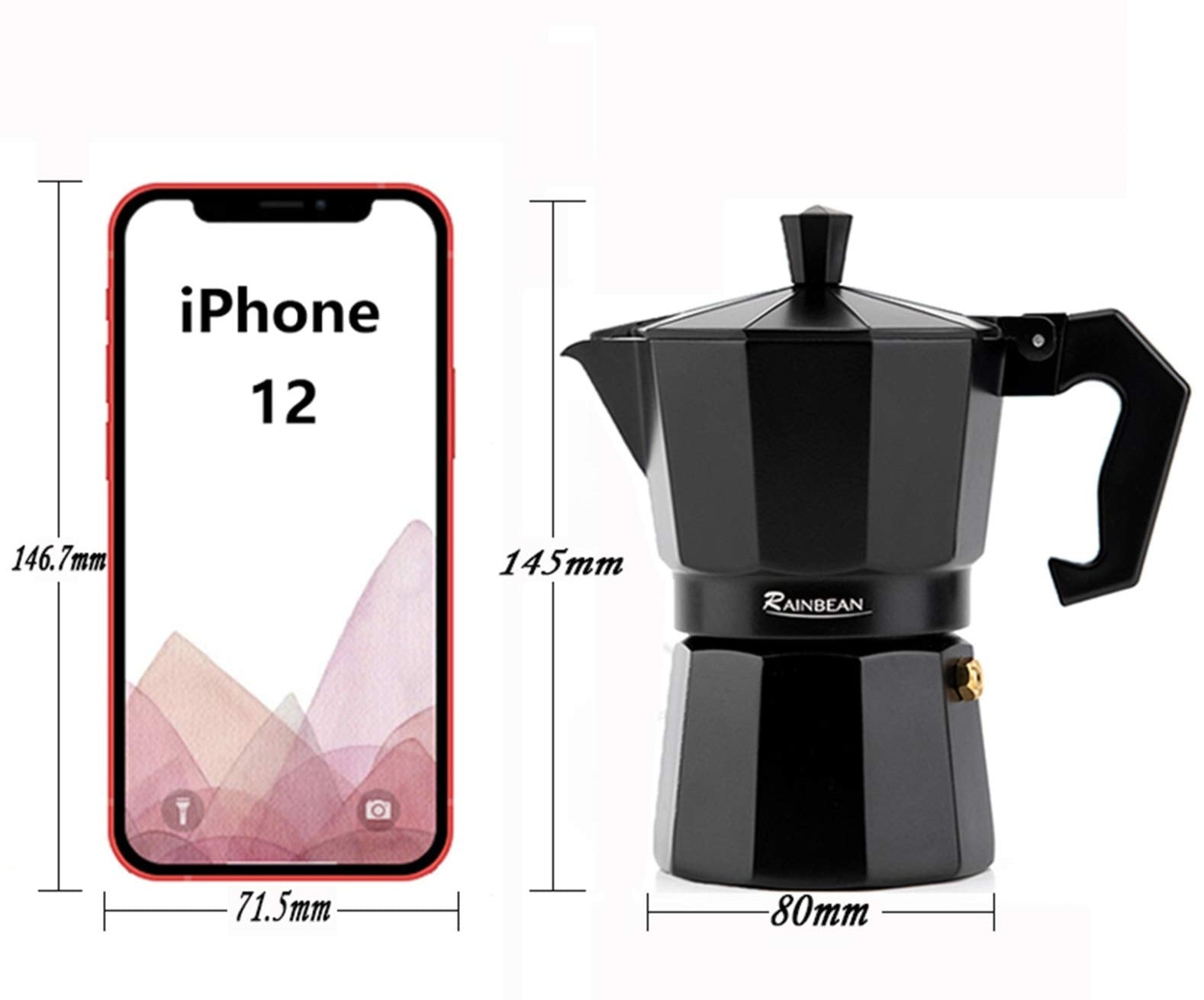 Black Aluminum Rainbean Moka Pot in diagram with iphone to illustrate size of moka pot