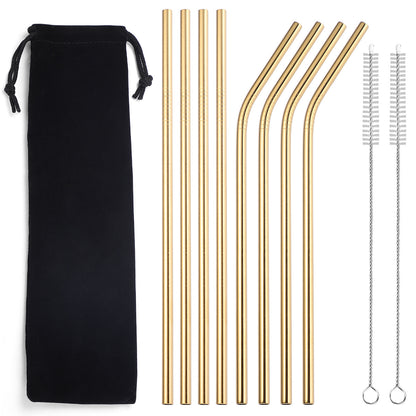 Gold Metallic Straw Set with Black Bag