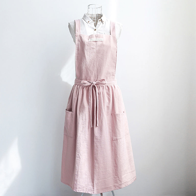 Pleated Skirt Cotton Linen Apron in pale pink.