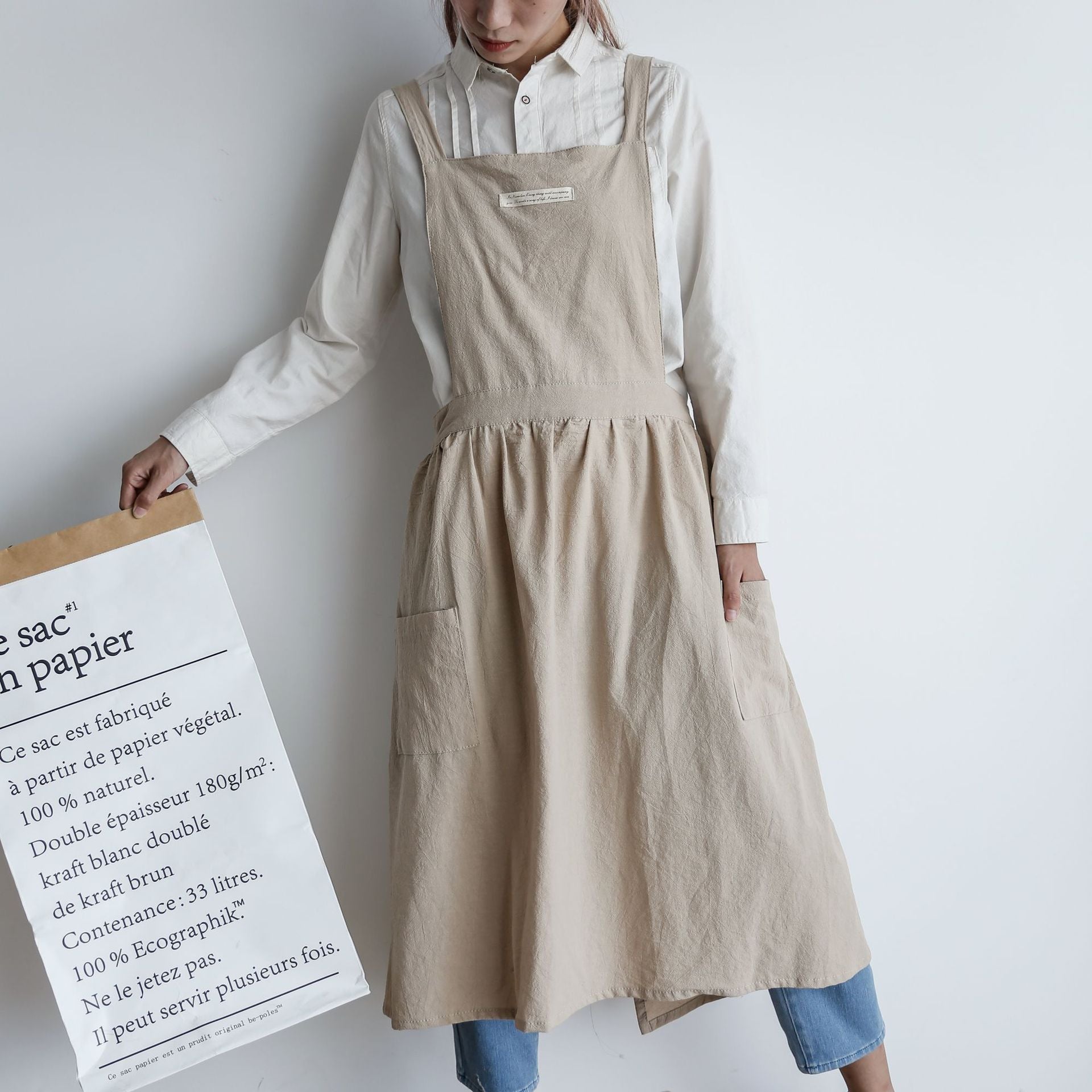 Pleated Skirt Cotton Linen Apron in Oat color.