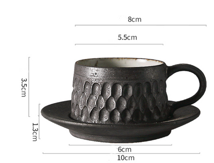 Handmade Stoneware Cup And Saucer Set with cup and saucer dimensions on photo.