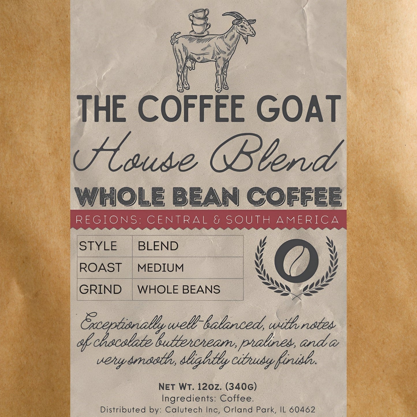 The label on a brown kraft bag of The Coffee Goat's "House Blend"  Specialty Medium Roast Whole Bean Coffee