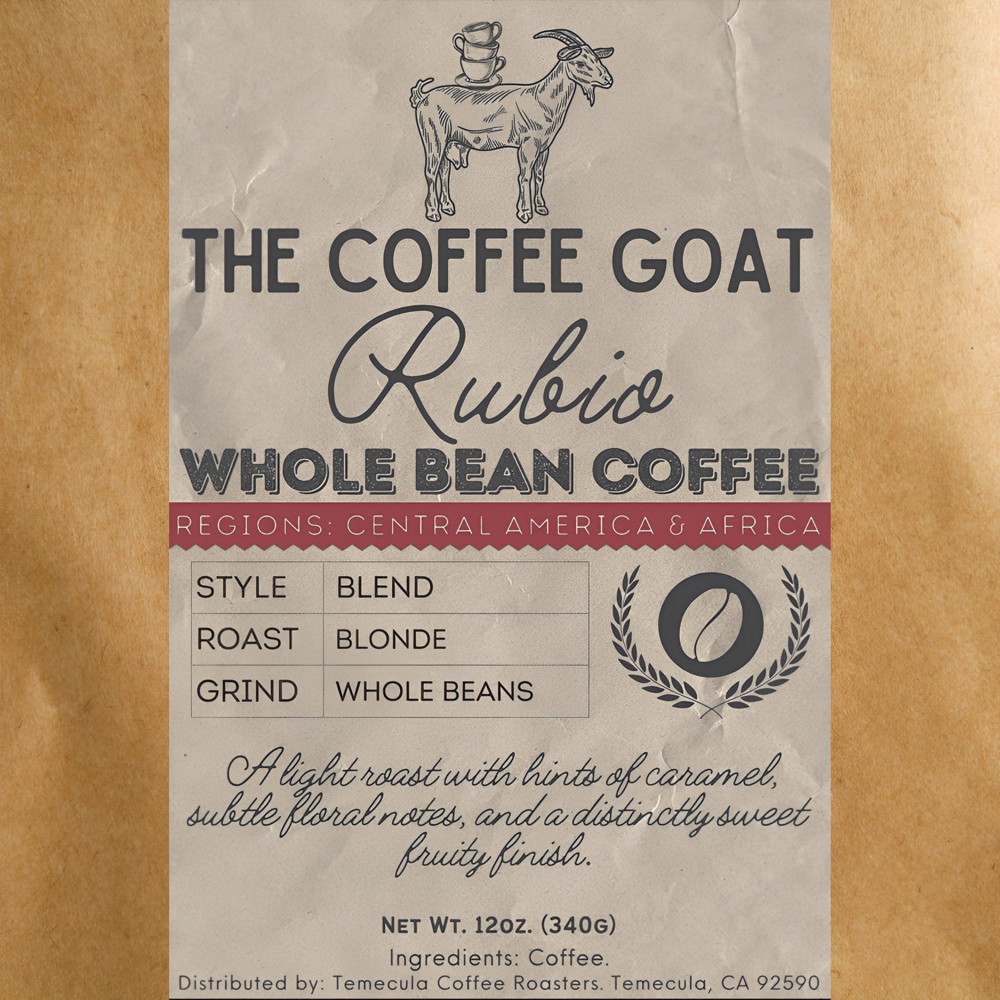 The label of a bag of  "Rubio" Specialty Blonde Roast Coffee.