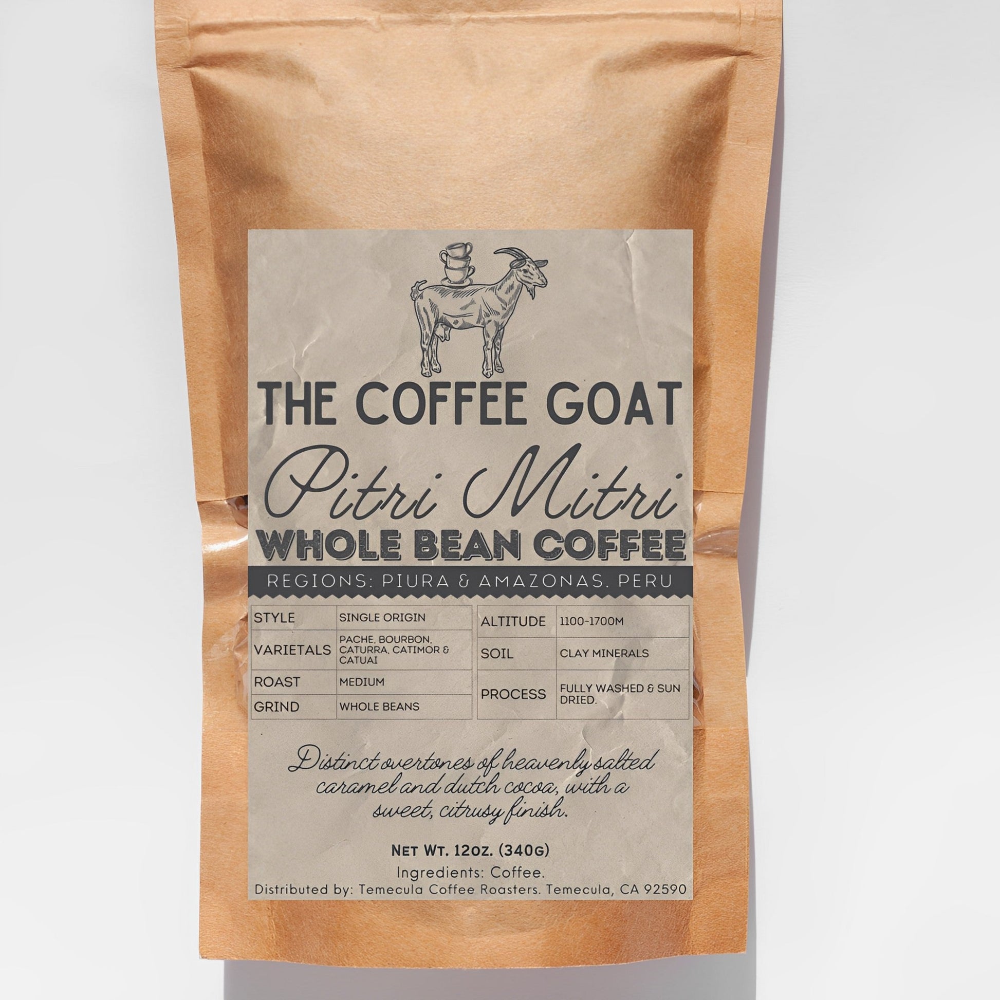 A 12oz brown bag of "Pitri Mitri", a Single Origin Whole Bean Coffee From Peru | The Coffee Goat