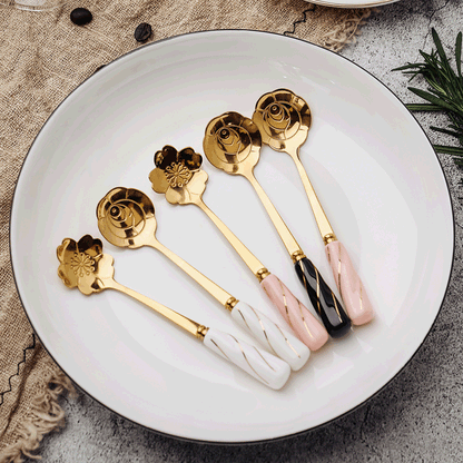 Japanese-inspired Blossom & Rose Shaped Spoons with Ceramic Handles - 6 Piece Set