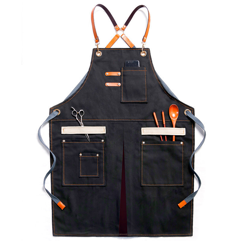 Denim Cross-Back Apron in black.