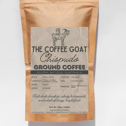 A coffee bag of Chispudo Ground Coffee in standard grind by The Coffee Goat