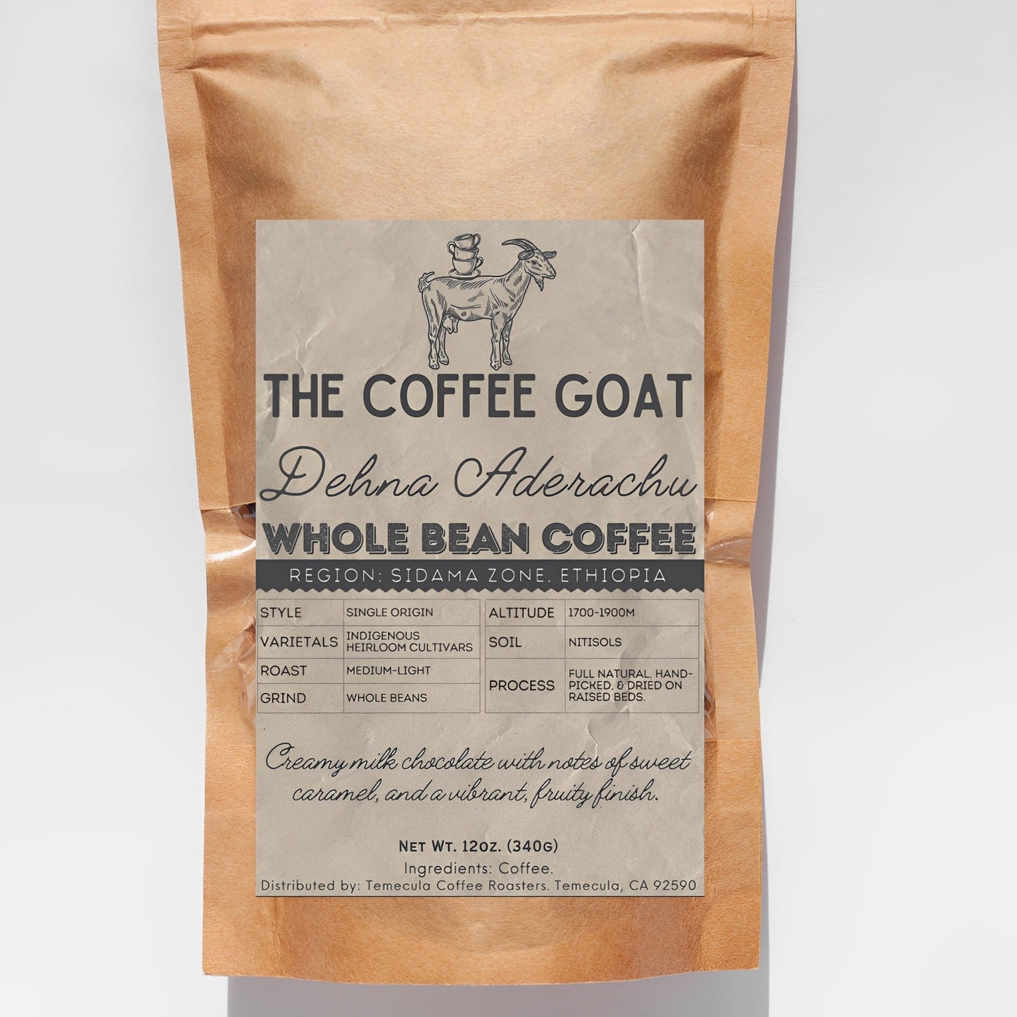 A 12oz brown kraft paper coffee bag of Dehna Aderachu, a single origin whole bean coffee from Ethiopia by The Coffee Goat