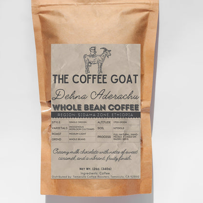 A 12oz brown kraft paper coffee bag of Dehna Aderachu, a single origin whole bean coffee from Ethiopia by The Coffee Goat