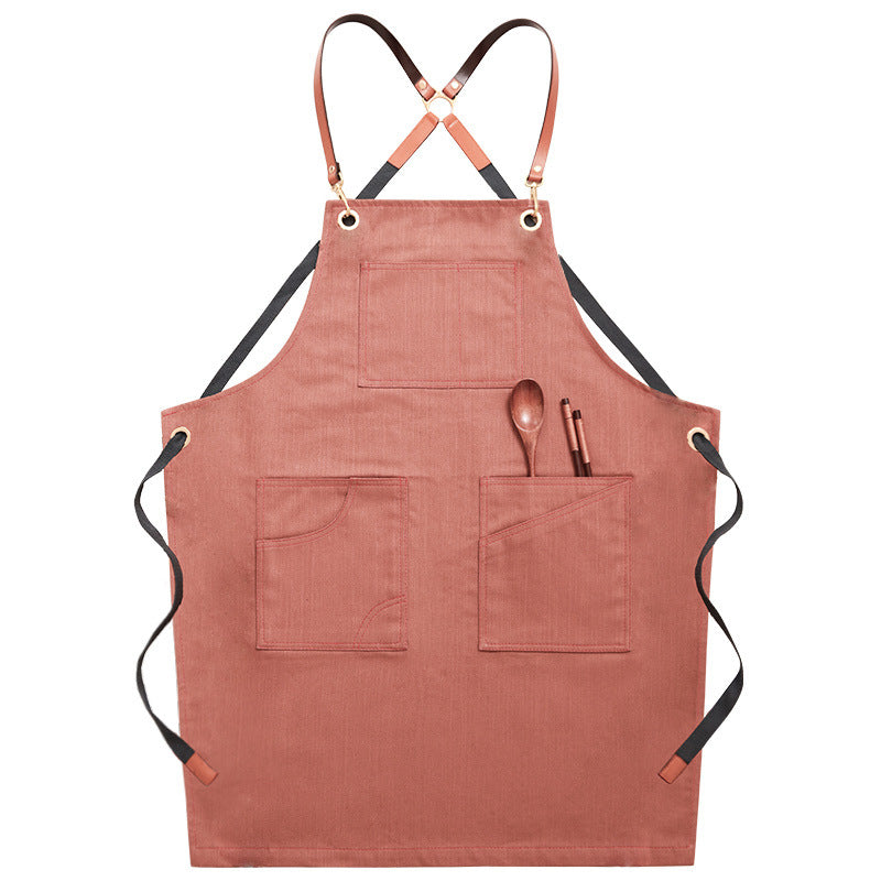 Adjustable Denim-Style Apron in Salmon Pink / Cross Strap