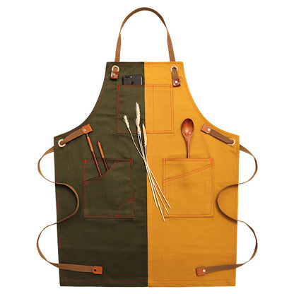 Adjustable Denim-Style Apron in Army Green and Golden Yellow / Halter Neck