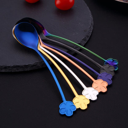 7 Flower-Shaped Handle Dessert & Coffee Spoons in black, purple, gold, silver, rose gold, rainbow, and blue